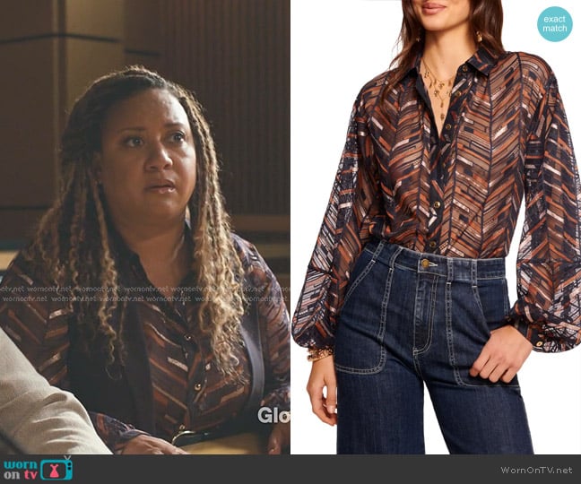 Ramy Brook Roberta Blouse in Spring Navy Lurex Chevron worn by Karen Wilson (Tracie Thoms) on 9-1-1