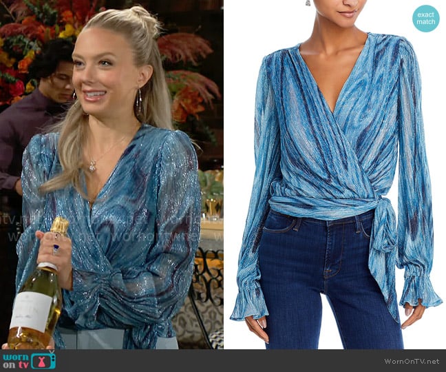 Ramy Brook Anya Blouse in Calypso Blue Lurex Swirl worn by Abby Newman (Melissa Ordway) on The Young and the Restless