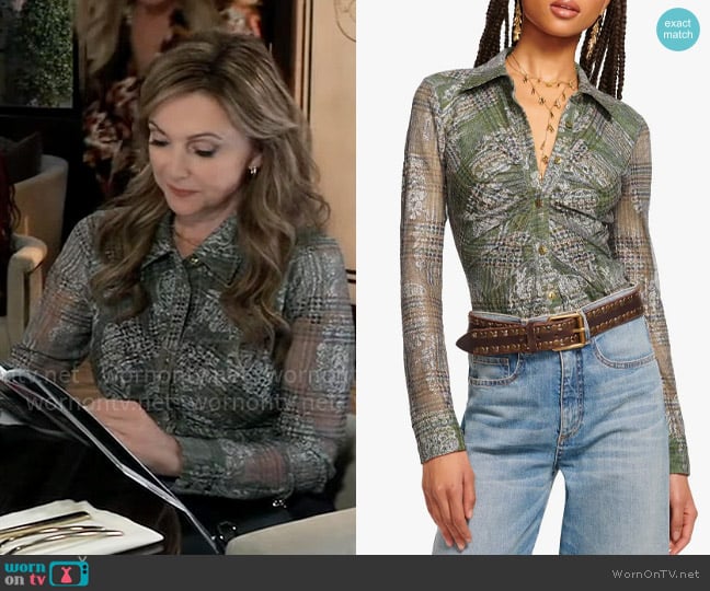 Ramy Brook Hamilton Shirt in Dark Sage Tartan worn by Holly Sutton (Emma Samms) on General Hospital