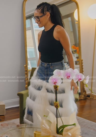 Raquel's fur trim denim skirt on The Real Housewives of New York City