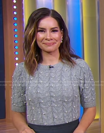 Rebecca's grey pearl embellished sweater on Good Morning America