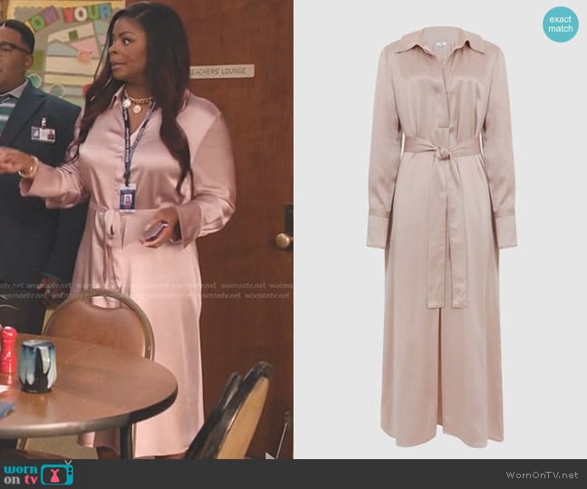 Reiss Nico Silk Shirt Dress in Nude worn by Ava Coleman (Janelle James) on Abbott Elementary