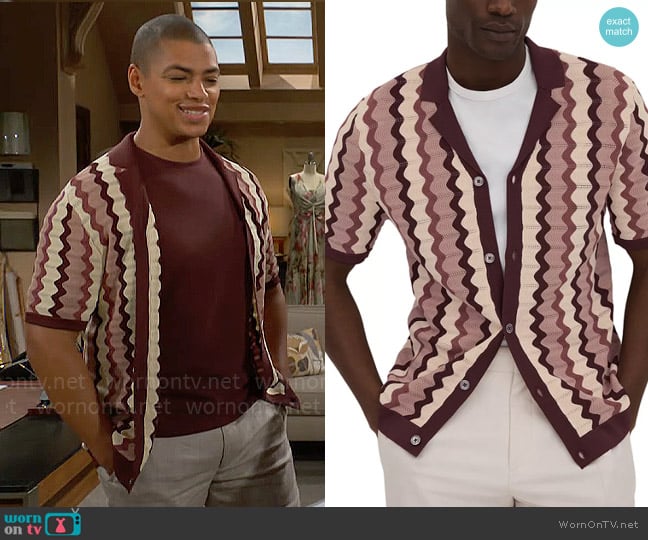 Reiss Waves Short Sleeve Button Front Camp Shirt in Rose Multi worn by Zende Forrester Dominguez (Delon De Metz) on The Bold and the Beautiful