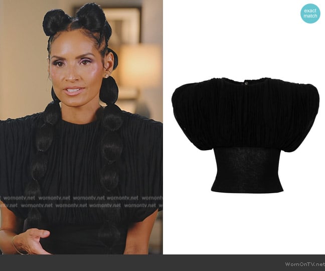 Rick Owens Tatlin wide-shoulders crop top worn by Racquel Chevremont on The Real Housewives of New York City