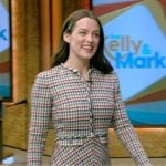 Riley Keough’s multicolored tweed jacket and skirt on Live with Kelly and Mark