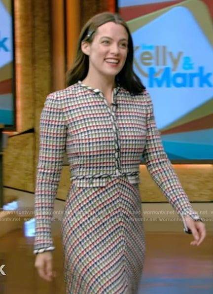 Riley Keough's multicolored tweed jacket and skirt on Live with Kelly and Mark