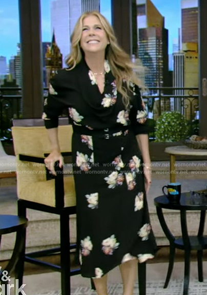 Rita Wilson’s black floral drape neck dress on Live with Kelly and Mark