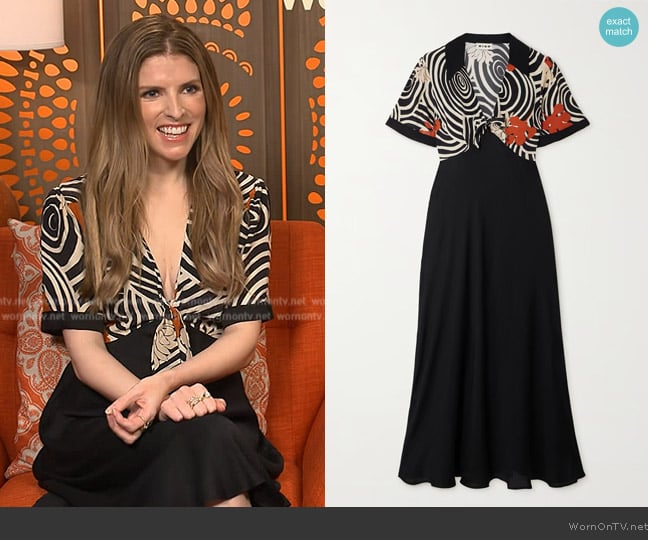 Rixo Anais tie-front printed voile midi dress worn by Anna Kendrick on E! News