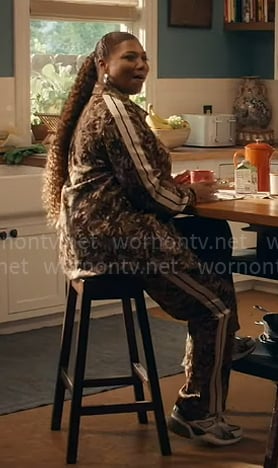 Robyn’s brown printed track jacket and pants on The Equalizer