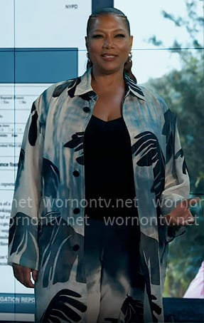 Robyn's palm leaf print coat and pants on The Equalizer