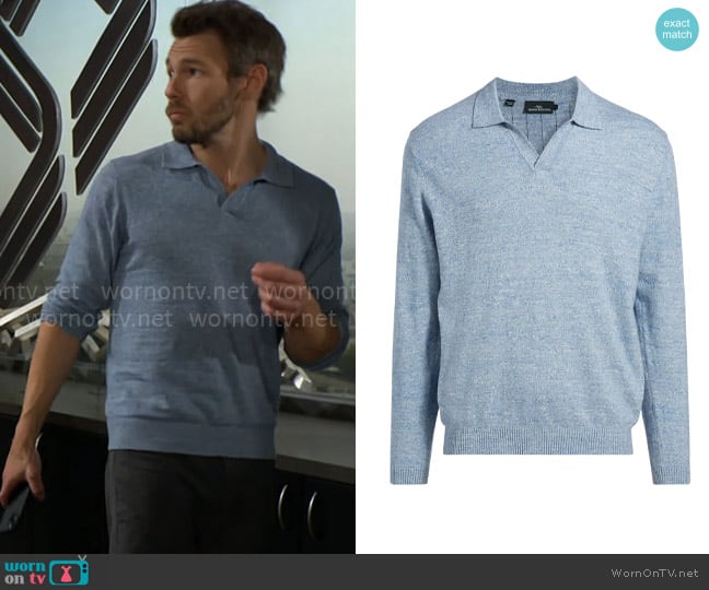 Rodd & Gunn Fortrose Johnny Sweater in Ocean worn by Liam Spencer (Scott Clifton) on The Bold and the Beautiful