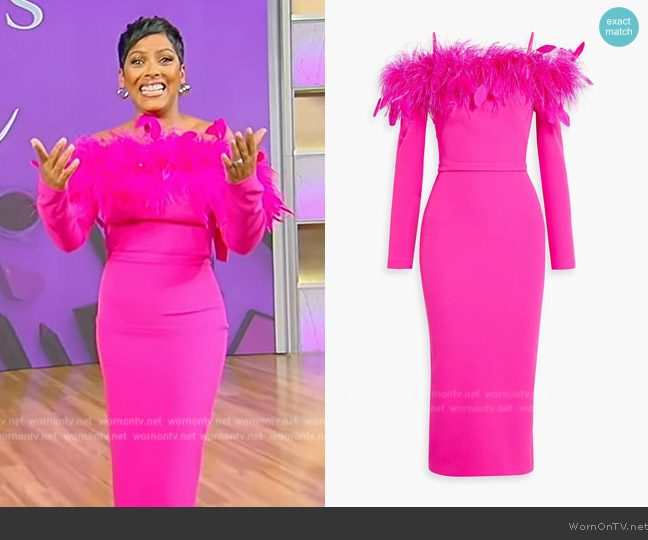 Safiyaa Vittoria Cold Shoulder Feather Trim Midi Dress worn by Tamron Hall on Tamron Hall Show