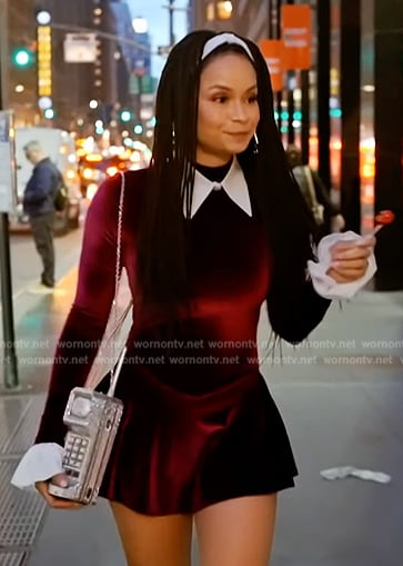 Sai’s burgundy velvet mini dress on The Real Housewives of New York City