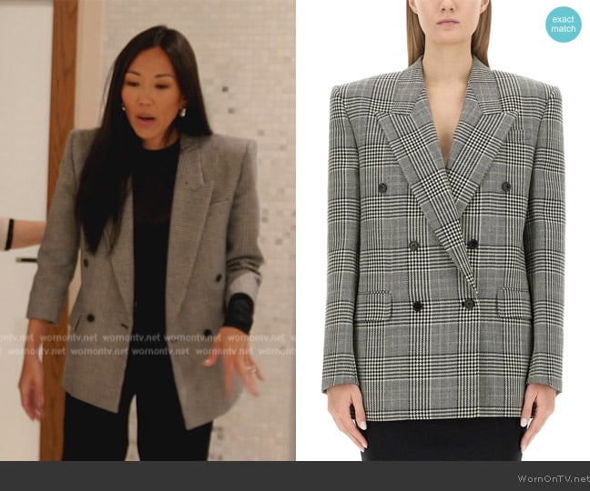 Saint Laurent Checked Double-Breasted Jacket worn by Katie Ginella on The Real Housewives of Orange County