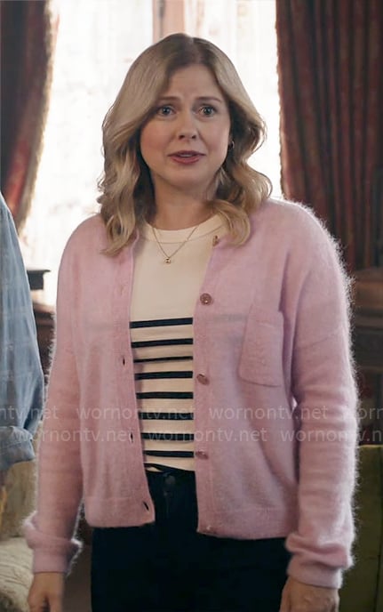 Sam’s pink fluffy cardigan on Ghosts