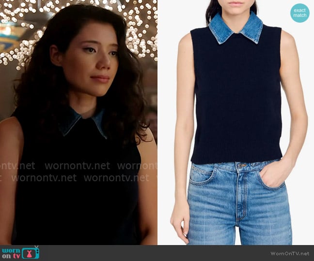 Violet’s navy sweater vest with denim collar on Chicago Fire