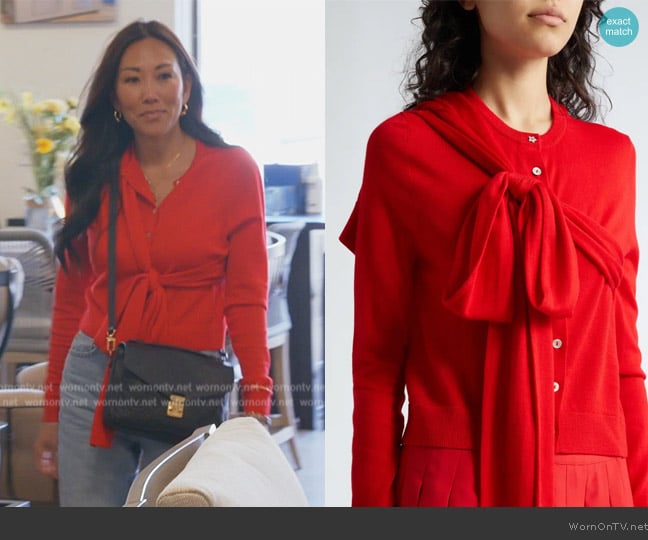 Sandy Liang Hermit Merino Wool Bow Cardigan worn by Katie Ginella on The Real Housewives of Orange County