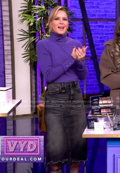 Sara's purple turtleneck top and denim skirt on The View