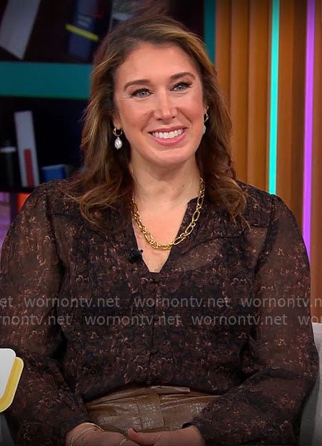 Sarah Gelman’s black printed blouse on CBS Mornings