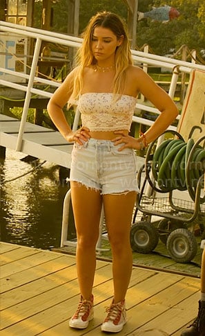 Sarah’s floral lace bandeau top on Outer Banks