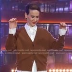 Sarah Paulson’s brown cardigan and black mini skirt on The Kelly Clarkson Show