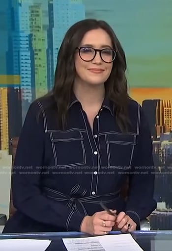 Savannah's navy tie waist dress with white stitching on NBC News Daily