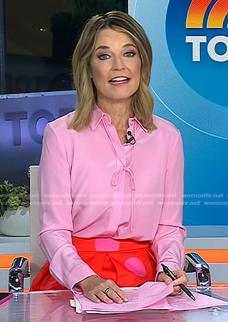 Savannah’s pink tie neck blouse and red polka dot skirt on Today