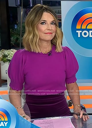 Savannah’s purple puff sleeve top and velvet skirt on Today