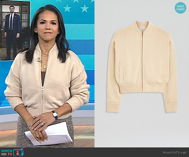 Scanlan Theodore Cashmere Bomber in Oat worn by Laura Jarrett on Today