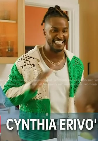 Scott's green crochet knit cardigan on Access Hollywood