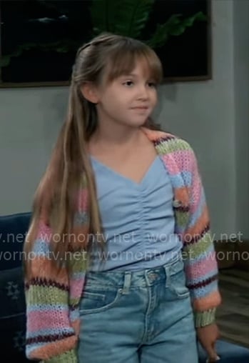 Scout’s blue ruched top and striped cardigan on General Hospital