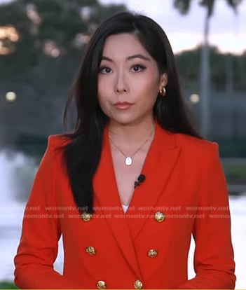 Selina Wang's red blazer with gold buttons on Good Morning America