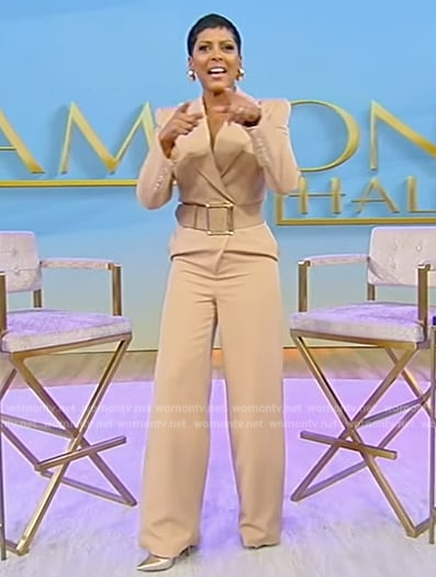 Tamron’s beige belted jumpsuit on Tamron Hall Show