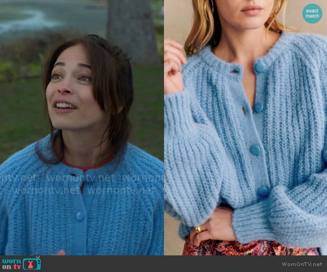 Sezane Emile Cardigan in Iceberg Blue worn by Cassandra Lee (Kristin Kreuk) on Murder in a Small Town