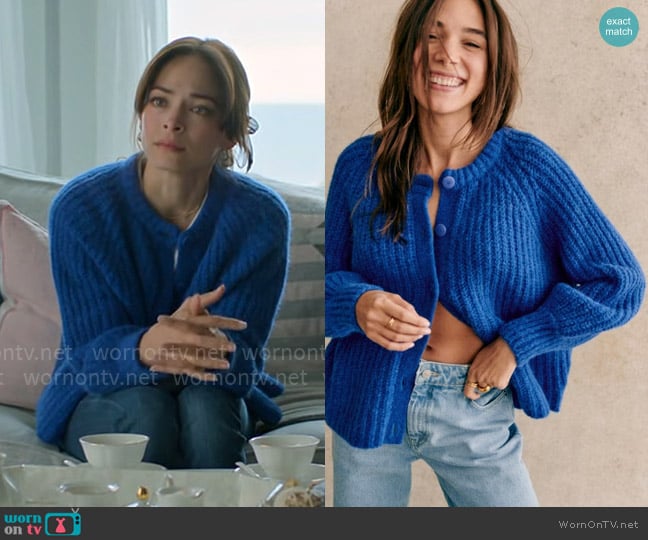 Sezane Emile Cardigan in Cobalt Blue worn by Cassandra Lee (Kristin Kreuk) on Murder in a Small Town