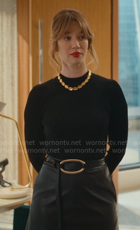 Shae's balck leather skirt dress and ring belt on Matlock