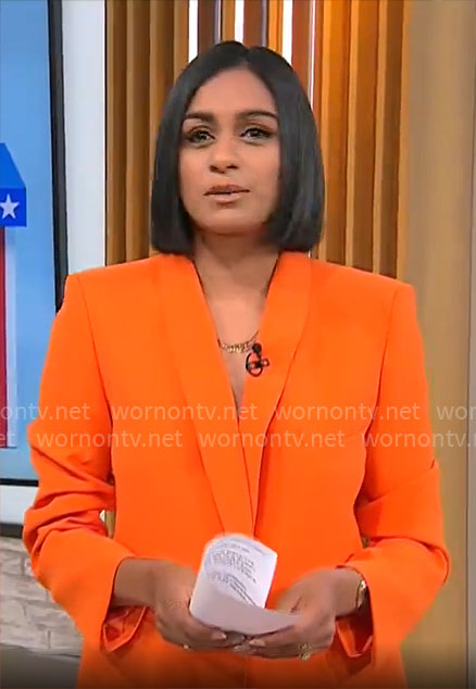 Shanelle Kaul’s orange suit on CBS Mornings