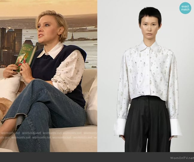 Shwetambari Silk Crop Papa Shirt in White worn by Kate McKinnon on The Drew Barrymore Show