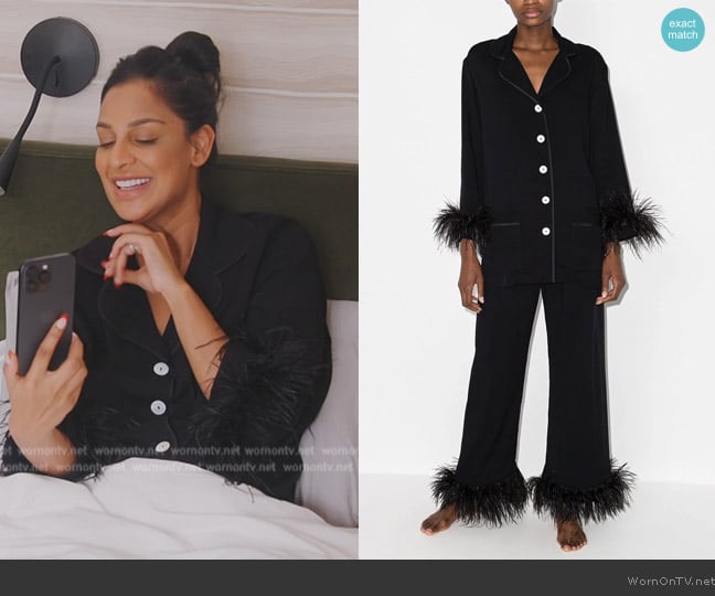 Sleeper Party Pajama Set with Double Feathers worn by Jessel Taank on The Real Housewives of New York City