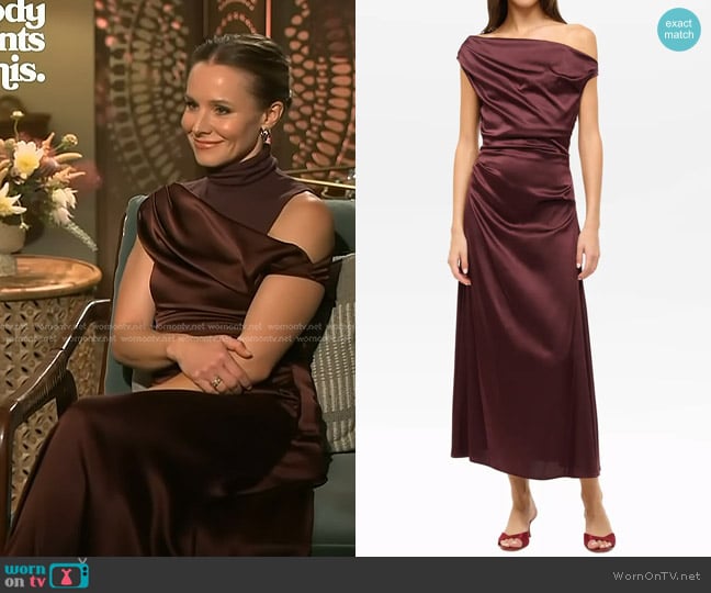 Staud Phare One-Shoulder Stretch Silk Dress in Merlot worn by Kristen Bell on Access Hollywood