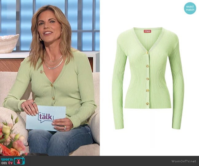 Staud Cargo Ribbed Cardigan in Matcha worn by Natalie Morales on The Talk