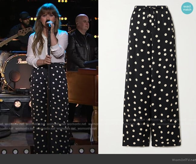 Stella McCartney  Embroidered polka-dot satin wide-leg pants worn by Kelly Clarkson on The Kelly Clarkson Show