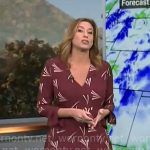 Stephanie Abrams’ burgundy printed long sleeve dress on CBS Mornings