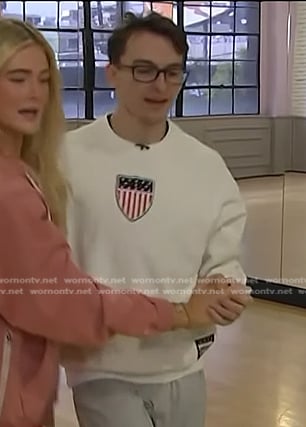 Stephen Nedoroscik's white sweatshirt on Access Hollywood