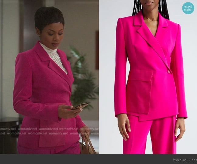 Jax’s pink blazer with oversized pocket on Reasonable Doubt