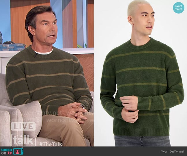 Sun + Stone Scotty Striped Crewneck Sweater in Dark Coyote worn by Jerry O'Connell on The Talk