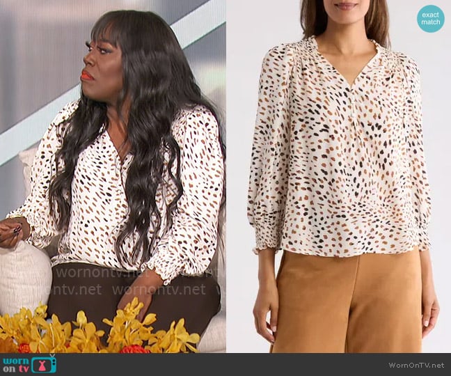 T Tahari Smocked Button-Up Shirt in White Ground Neutral Print worn by Sheryl Underwood on The Talk