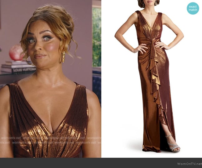 Tadashi Shoji Metallic Jersey Draped Gown worn by Gizelle Bryant on The Real Housewives of Potomac