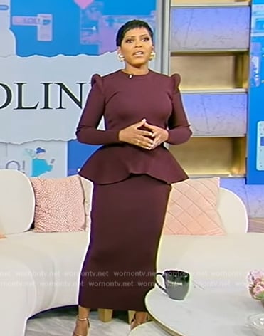 Tamron's burgundy peplum sweater and skirt on Tamron Hall Show