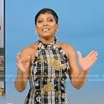 Tamron’s black embellished plaid dress on Tamron Hall Show